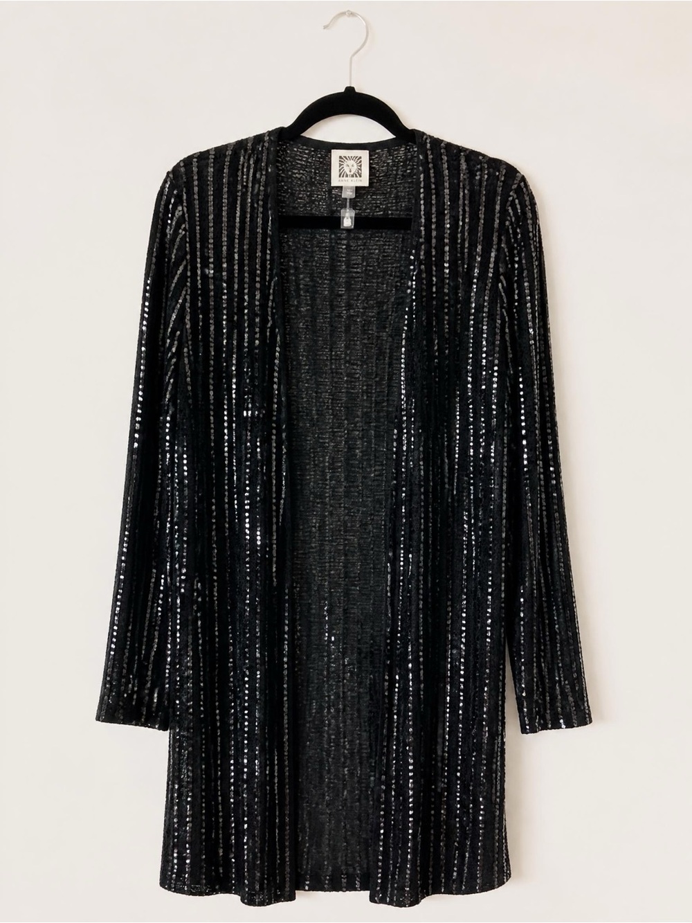 Anne Klein Sequin Stripe Open-Front Cardigan - Black